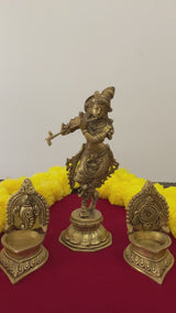 10 Inches Lord Krishna Brass Idol & Shanku Chakra Diya Lamp