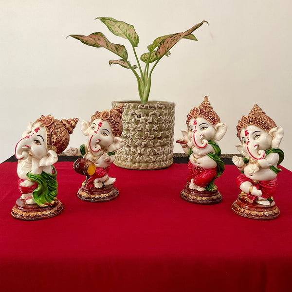 Dancing & Musician Baby Ganesh Marble Dust & Resin Idol (Set of 4) - Crafts N Chisel - Indian Home Decor USA