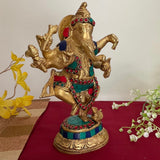 Dancing Lord Ganesh Brass Idol - handcrafted turquoise Inlay - Decorative Figurine - Crafts N Chisel - Indian Home Decor USA