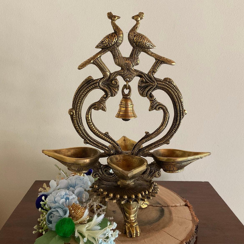 Dancing Peacock Diya - Handmade Brass lamp - Brass Diya For Pooja - Crafts N Chisel - Indian Home Decor USA