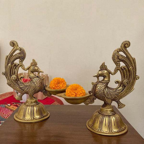 Dancing Peacock Diya (Set of 2) - Handmade Brass lamp - Decorative - Crafts N Chisel - Indian Home Decor USA