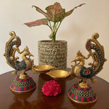 Dancing Peacock Diya With Stonework (Set of 2) - Handmade Brass lamp - Brass Diya For Pooja - Crafts N Chisel - Indian Home Decor USA