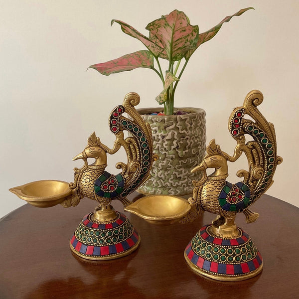 Dancing Peacock Diya With Stonework (Set of 2) - Handmade Brass lamp - Brass Diya For Pooja - Crafts N Chisel - Indian Home Decor USA