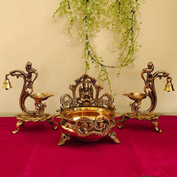 Decorative Brass Lakshmi urli and Peacock Diya (Set of 3)-Crafts N Chisel - Indian home decor online USA