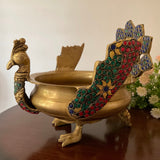 Decorative Brass Peacock Urli With Stonework- Festive Home Decor - Crafts N Chisel - Indian Home Decor USA
