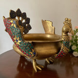 Decorative Brass Peacock Urli With Stonework- Festive Home Decor - Crafts N Chisel - Indian Home Decor USA