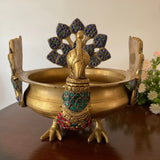 Decorative Brass Peacock Urli With Stonework- Festive Home Decor - Crafts N Chisel - Indian Home Decor USA