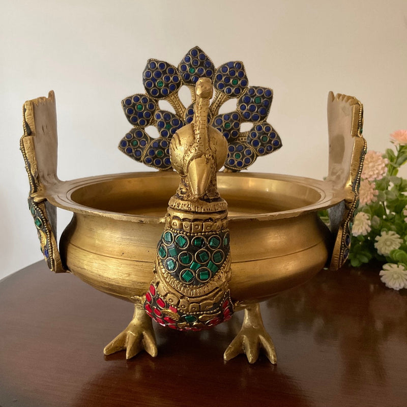 Decorative Brass Peacock Urli With Stonework- Festive Home Decor - Crafts N Chisel - Indian Home Decor USA