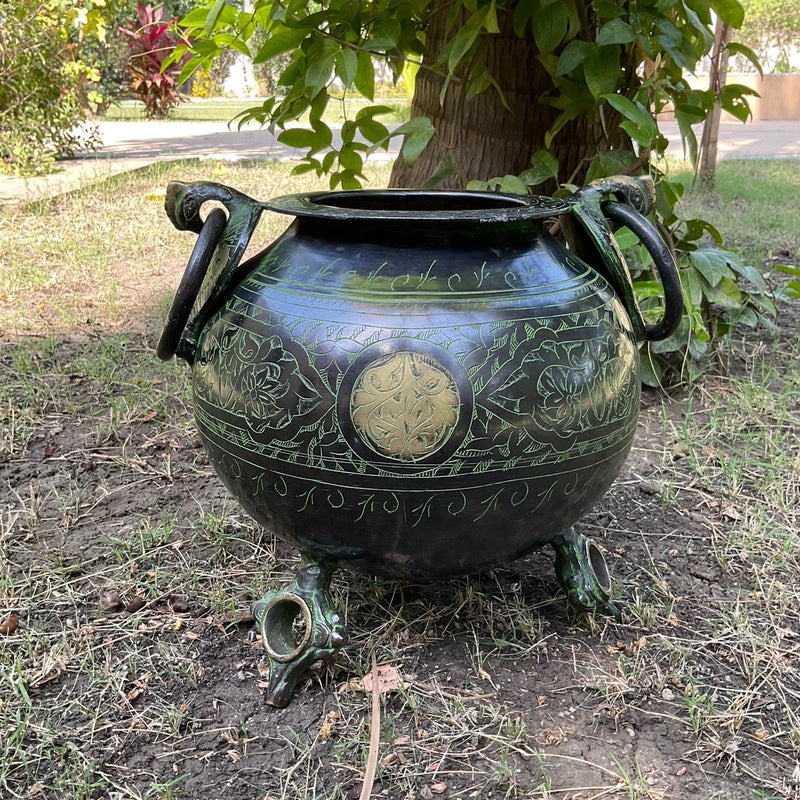 Decorative Brass Planter - Green Sand Finish - Home Decor - Crafts N Chisel - Indian Home Decor USA