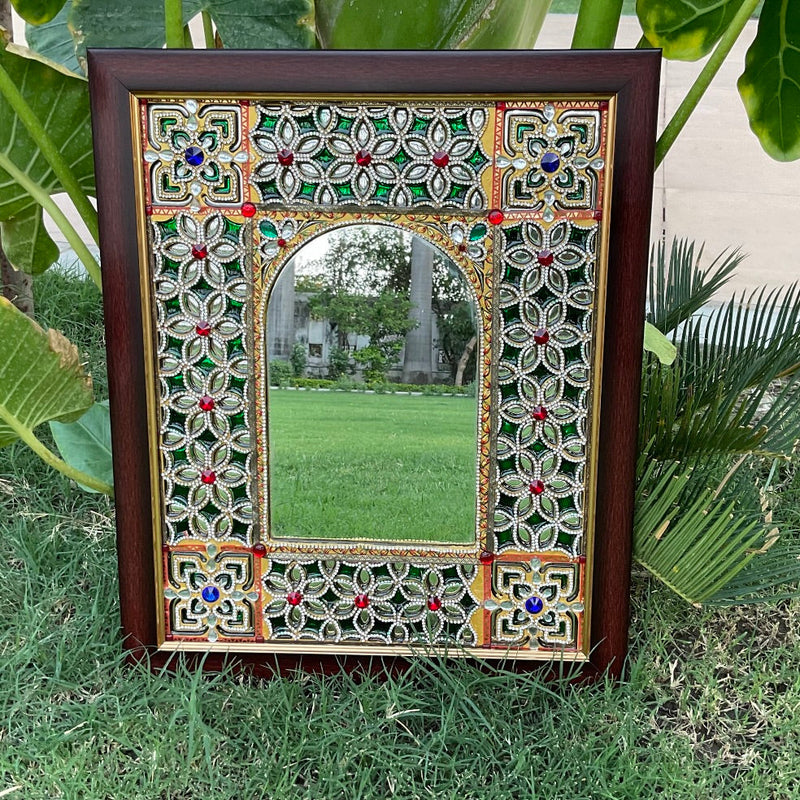 Decorative Mirror With Flower Glass Work - Crafts N Chisel - Indian Home Decor USA