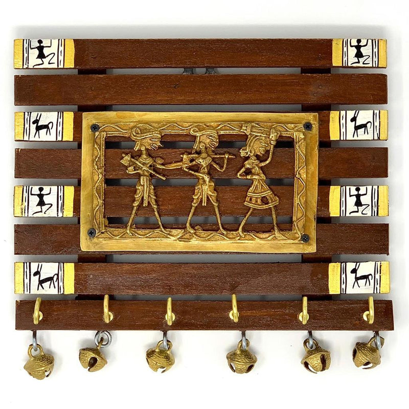 Dhokra & Warli Hand-Painted Key Holder On Wood (6 Hooks) - Wall Decor - Crafts N Chisel - Indian home decor - Online USA
