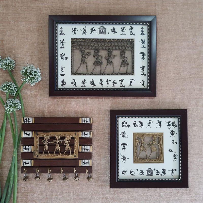 Dhokra Warli Wall Hanging & Key Holder (set of 3) - Wall Decor - Home Decor-Crafts N Chisel - Indian handicrafts home decor online USA