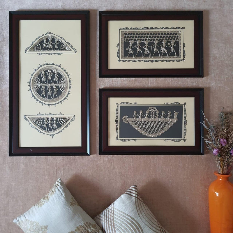 Dhokra Warli Wall Hanging (set of 3) - Wall Decor - Home Decor-Crafts N Chisel-Indian Handicrafts Online USA