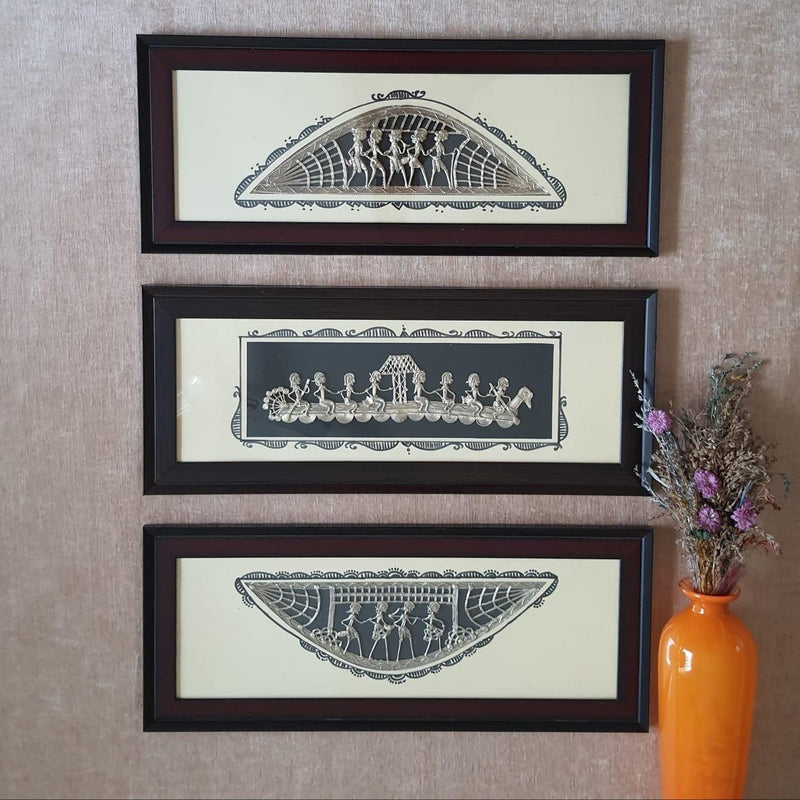 Dhokra Warli Wall Hanging (set of 3) - Wall Decor - Home Decor-Crafts N Chisel-Indian Handicrafts Online USA