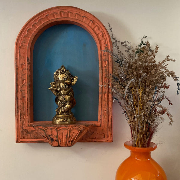Distressed Wooded Orange Half Round Frame & Handcrafted Lord Ganesha Idol Wall Hanging - Decorative Wall decor - Crafts N Chisel - Indian Home Decor USA
