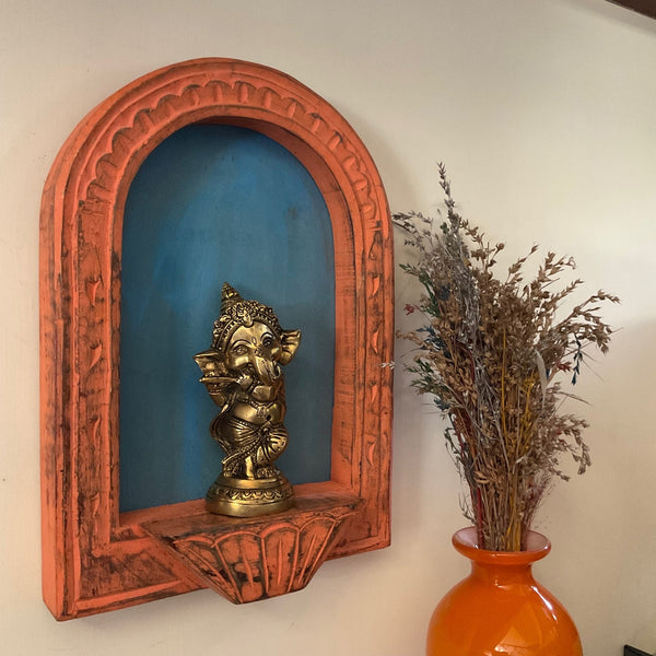 Distressed Wooded Orange Half Round Frame & Handcrafted Lord Ganesha Idol Wall Hanging - Decorative Wall decor - Crafts N Chisel - Indian Home Decor USA