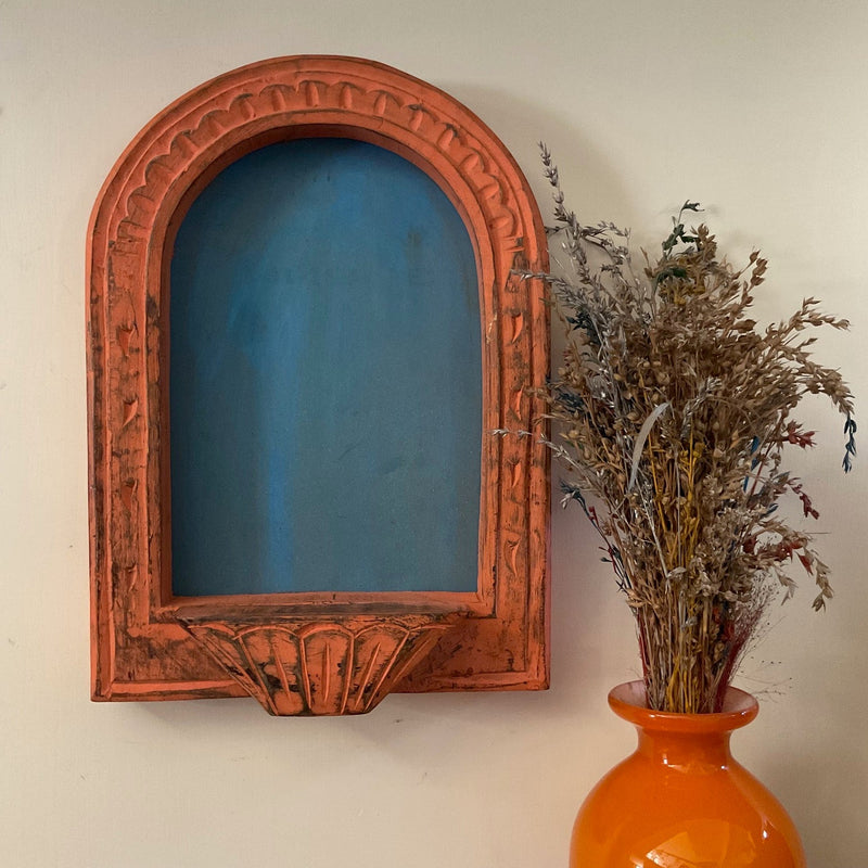 Distressed Wooded Orange Half Round Frame & Handcrafted Lord Ganesha Idol Wall Hanging - Decorative Wall decor - Crafts N Chisel - Indian Home Decor USA