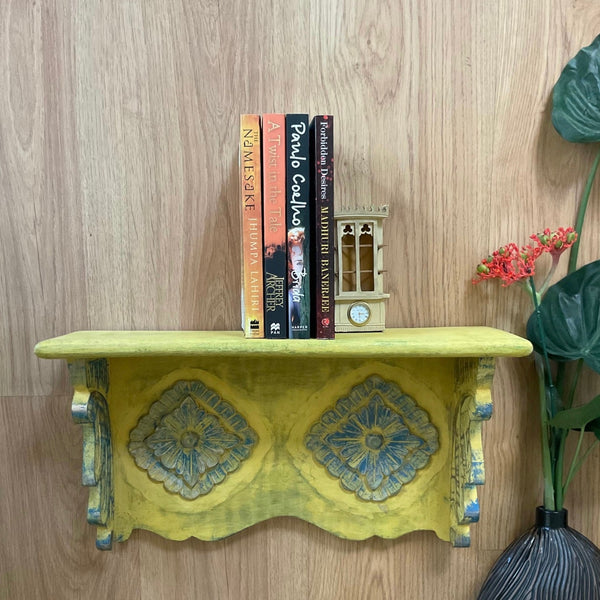 Distressed Wooded Yellow Blue Shelf Wall Hanging - Decorative Wall decor - Crafts N Chisel - Indian Home Decor USA