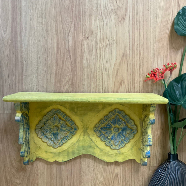 Distressed Wooded Yellow Blue Shelf Wall Hanging - Decorative Wall decor - Crafts N Chisel - Indian Home Decor USA