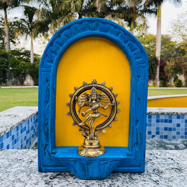 Distressed Wooden Blue Half Round Frame & Handcrafted Lord Natraj Brass Idol Wall Hanging - Decorative Wall decor - Crafts N Chisel - Indian Home Decor USA