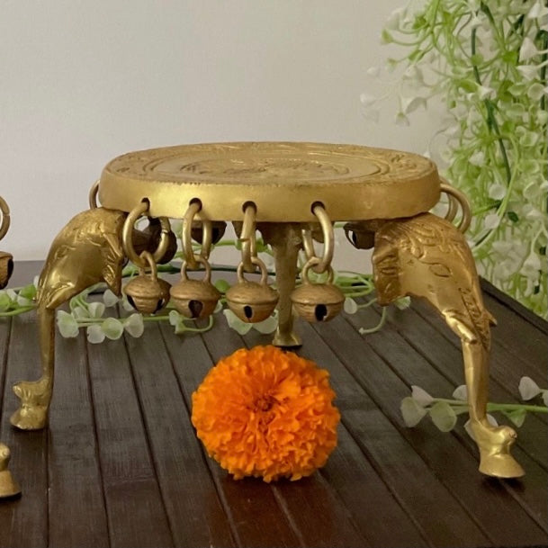 Elephant Brass Chowki With Bells For Idols And Pooja - Crafts N Chisel - Indian Home Decor USA