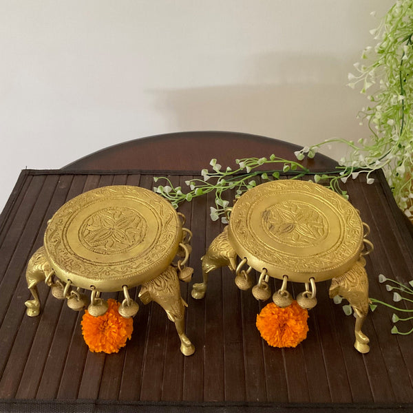 Elephant Brass Chowki With Bells For Idols And Pooja (Set of 2) - Crafts N Chisel - Indian Home Decor USA