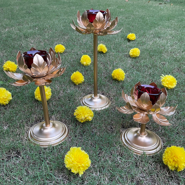 Flower Metallic Glass Candle Holder (Set of 3) - Festive Decor - Crafts N Chisel - Indian Home Decor USA