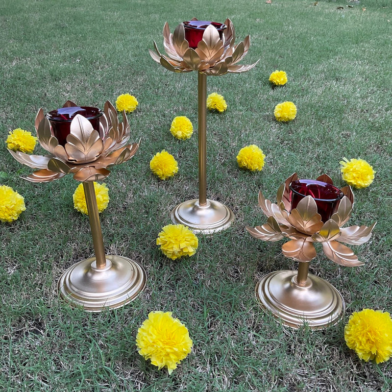 Flower Metallic Glass Candle Holder (Set of 3) - Festive Decor - Crafts N Chisel - Indian Home Decor USA