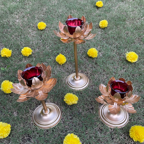 Flower Metallic Glass Candle Holder (Set of 3) - Festive Decor - Crafts N Chisel - Indian Home Decor USA