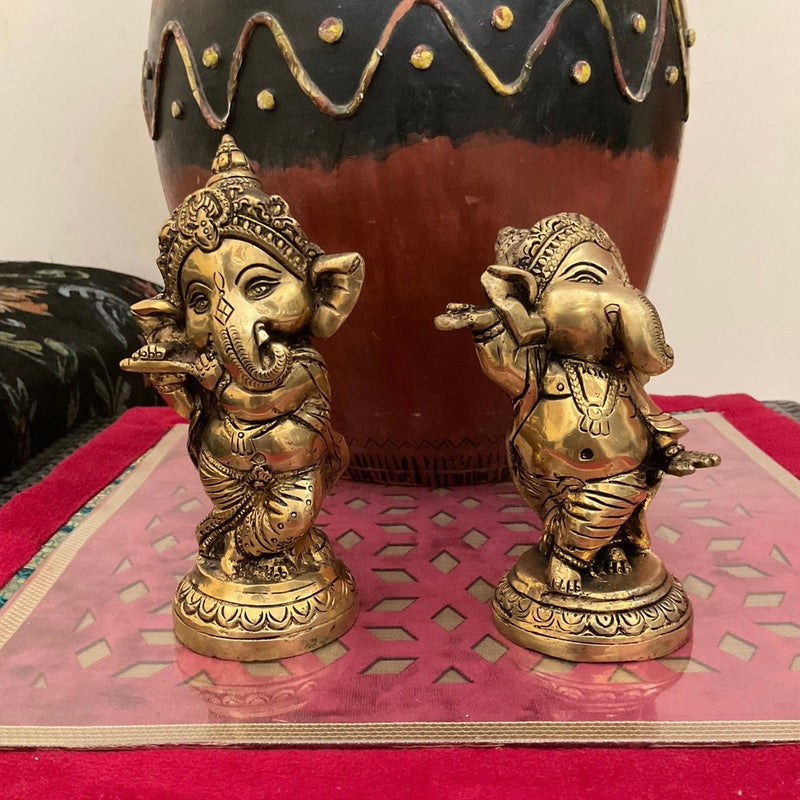 Flute & Dancing Baby Ganesh Brass Idol (Set of 2) - Crafts N Chisel - Indian Home Decor USA