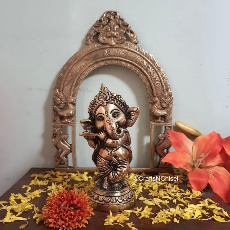 Flute Ganesh Brass Idol & Prabhavali Set- Indian Home Decor - Crafts N Chisel USA
