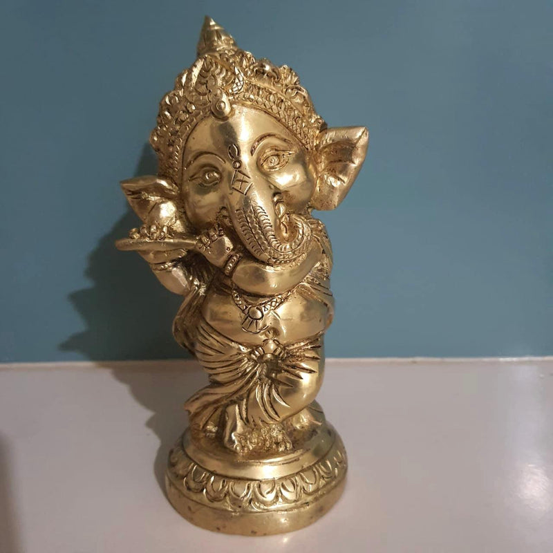 Flute Ganesh Brass Idol-Crafts N Chisel - Indian handicrafts home decor USA