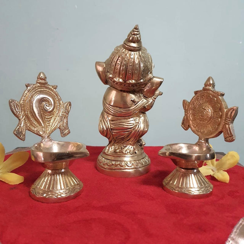 Flute Ganesh Brass Idol & Shanku and Chakra Diya Set-Crafts N Chisel - Indian handicrafts home decor USA