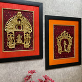 Framed Brass Prabhavali (Set of 2) - Ganesha & Deep Lakshmi - Ethnic Wall Decor - Crafts N Chisel - Indian Home Decor USA