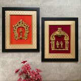 Framed Brass Prabhavali (Set of 2) - Lakshmi Vishnu & Deep Lakshmi - Ethnic Wall Decor - Crafts N Chisel - Indian Home Decor USA