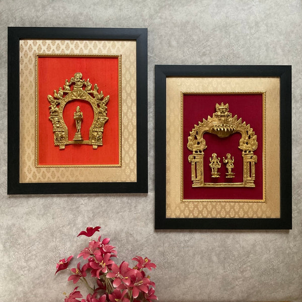 Framed Brass Prabhavali (Set of 2) - Lakshmi Vishnu & Deep Lakshmi - Ethnic Wall Decor - Crafts N Chisel - Indian Home Decor USA