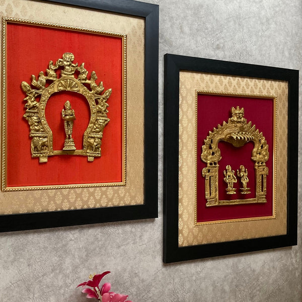 Framed Brass Prabhavali (Set of 2) - Lakshmi Vishnu & Deep Lakshmi - Ethnic Wall Decor - Crafts N Chisel - Indian Home Decor USA