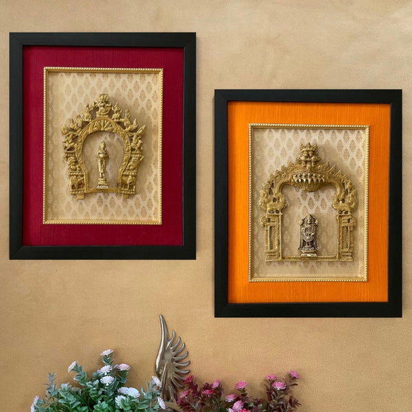 Framed Brass Prabhavali With Balaji & Deep Lakshmi (Set of 2) - Ethnic Wall Decor - Crafts N Chisel - Indian Home Decor USA