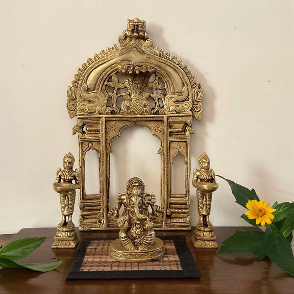 Ganesh Brass Idol, Deep Lakshmi & Prabhavali Set - Crafts N Chisel - Indian Home Decor USA