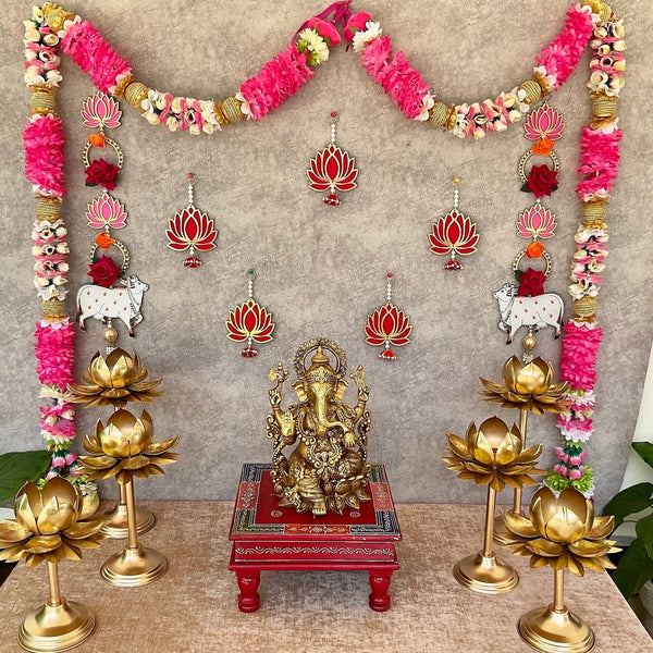 Ganesha idol, Tea Light Holder, Lotus & Cow Hanging With Artificial Flower Garlands (Set of 12) - Festive Decoration Wall Hanging - Crafts N Chisel - Indian Home Decor USA