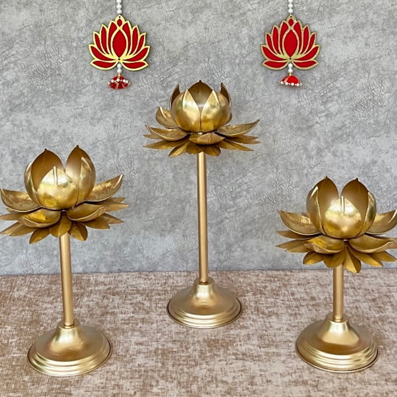 Ganesha idol, Tea Light Holder, Lotus & Cow Hanging With Artificial Flower Garlands (Set of 17) - Festive Decoration Setup - Crafts N Chisel - Indian Home Decor USA