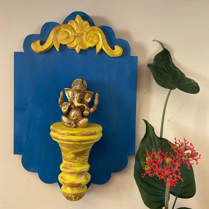 Ganesha Idol With Distressed Wooded Blue Frame Wall Hanging - Decorative Wall decor - Crafts N Chisel - Indian Home Decor USA