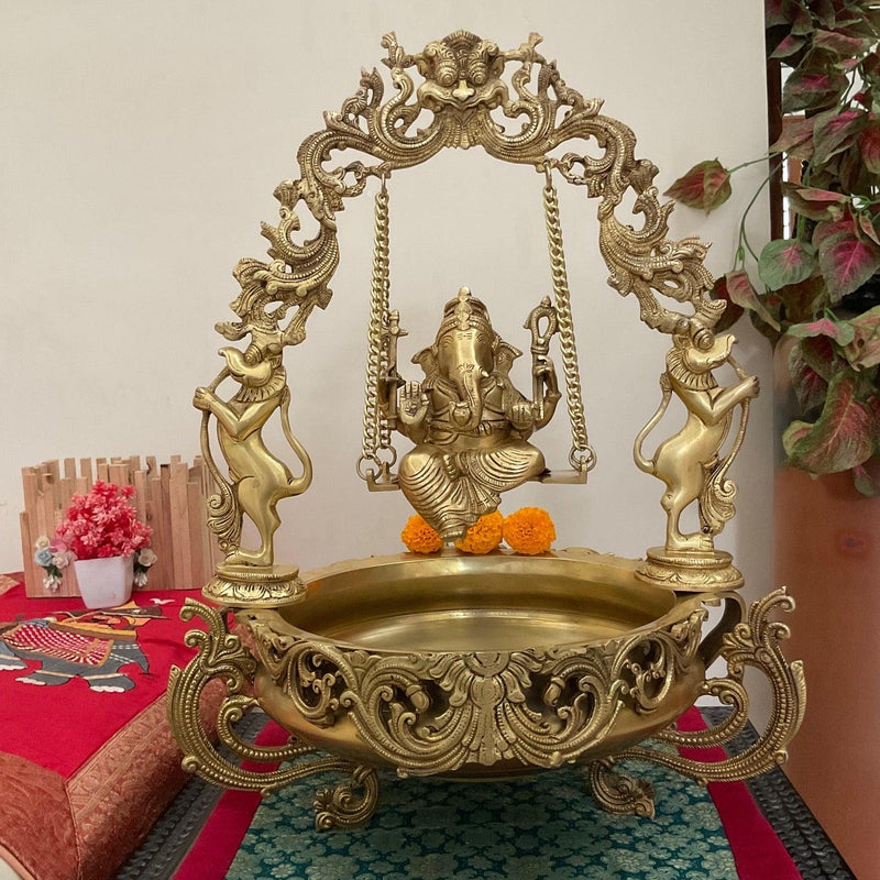 Ganesha Swing Decorative Brass Urli - Crafts N Chisel - Indian Home Decor USA