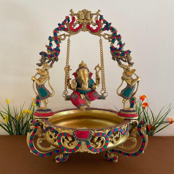 Ganesha Swing Decorative Brass Urli Stonework - - Crafts N Chisel - Indian Home Decor USA