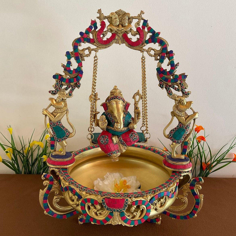 Ganesha Swing Decorative Brass Urli Stonework - - Crafts N Chisel - Indian Home Decor USA