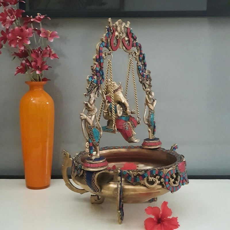 Ganesha Swing Decorative Brass Urli Stonework-Crafts N Chisel-Indian Handicrafts Online USA