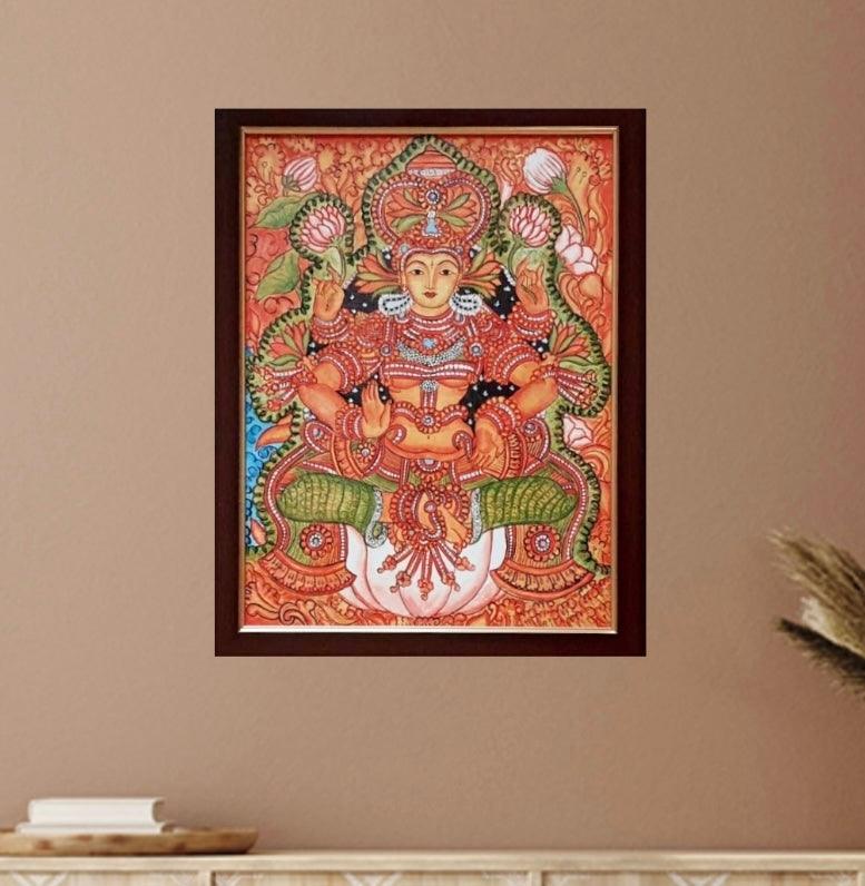 Goddess Lakshmi Kerala Mural - Handpainted Wall Decor - Crafts N Chisel - Indian Home Decor USA