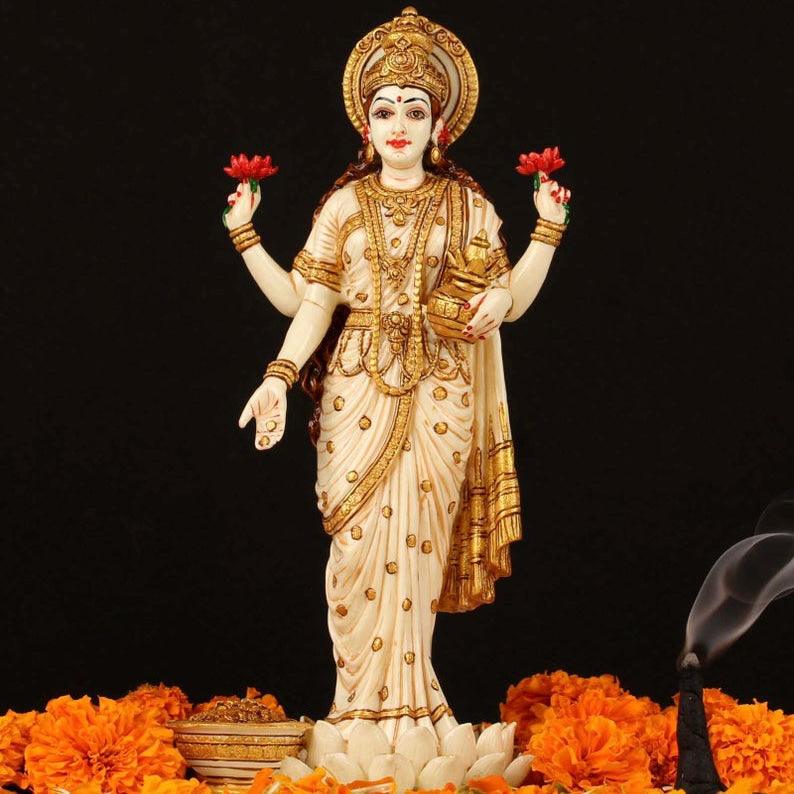 Goddess Lakshmi Standing Marble Dust & Resin Idol - Decorative Figurine- Crafts N Chisel - Indian Home Decor USA