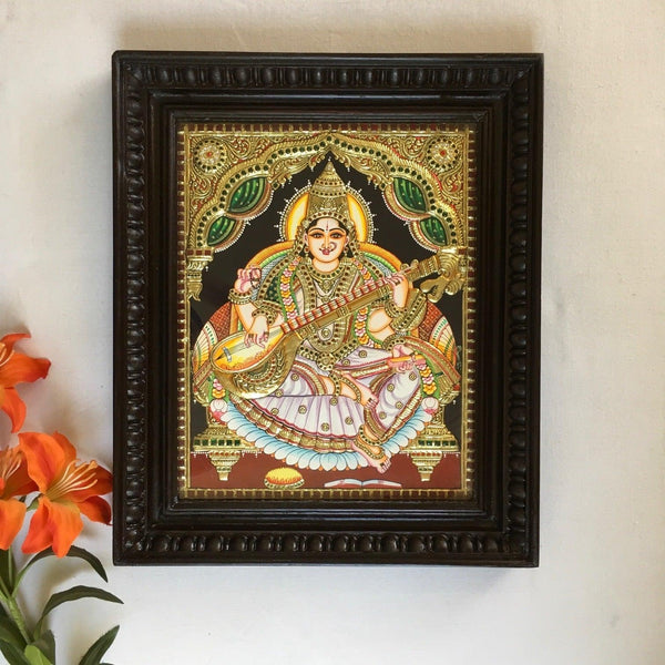 Goddess Saraswati Tanjore Painting - Traditional Wall Art - Crafts N Chisel - Indian home decor - Online USA