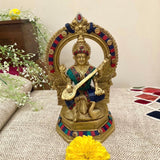 Goddess Saraswati Brass Idol With Stonework - Decorative Figurine - Crafts N Chisel - Indian Home Decor USA